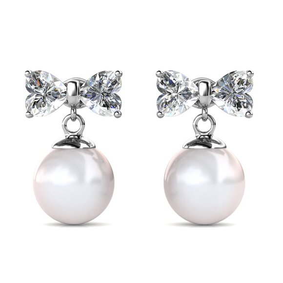 Boutique Jewelry - Heart Bow With Pearl Drop Earrings Swarovski Crystals